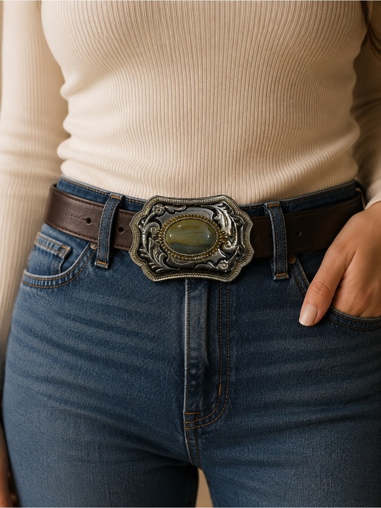 Western Silver and Gold Tone with Oval Stone Engraved Scrollwork Belt Buckle* main image 4